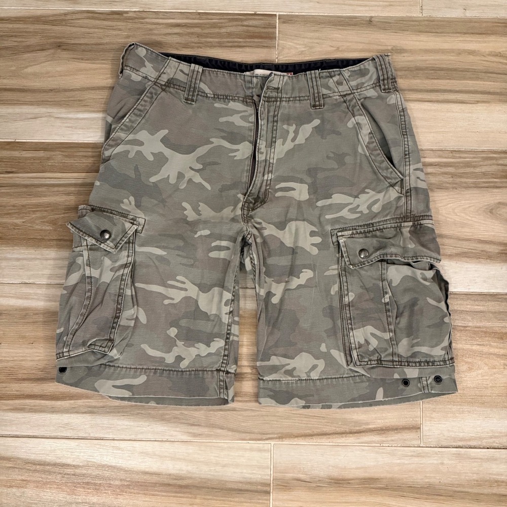 Levis Mens Camo Cargo Shorts Grey Green W33 Cotton Multi Pocket Casual Outdoor
